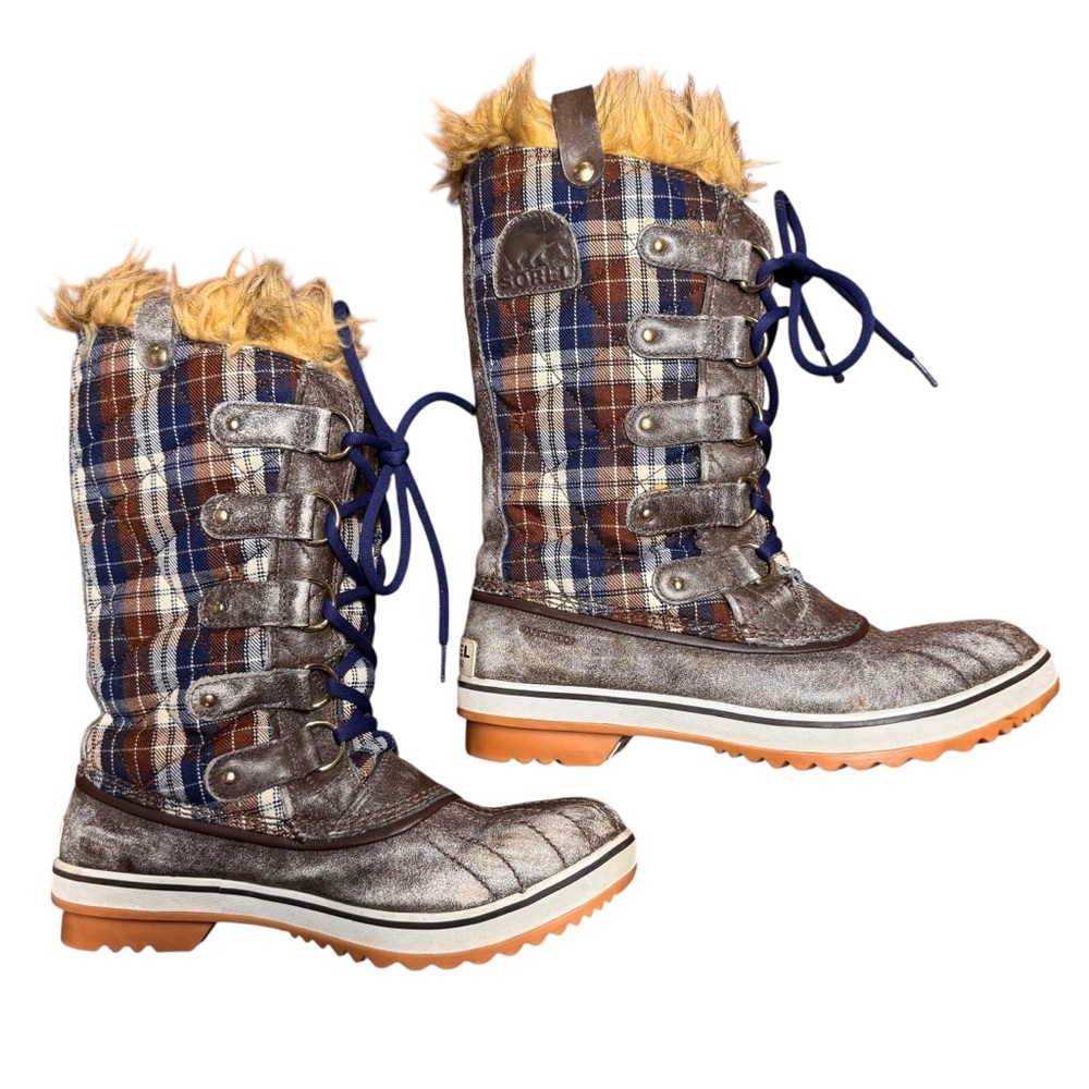 Sorel Tofino Brown Blue Plaid Winter Boots Size 9 Waterproof Insulated Lace Up